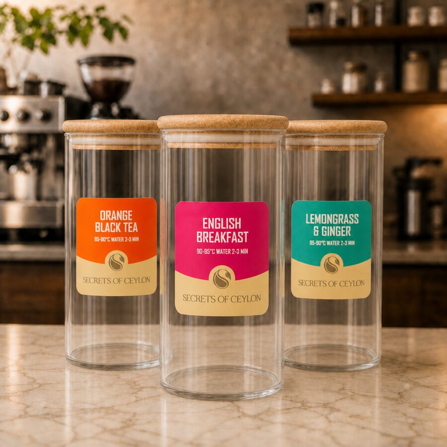 Tea jars and pouches for café display